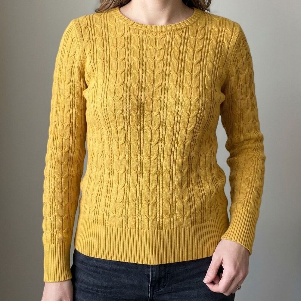 St Johns Bay Marigold Yellow Cable Knit Crew Neck Sweater M Dark Academia Autumn